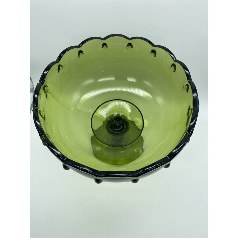 Indiana Glass Teardrop Olive Green Footed Compote 7.75" Tall 7.5" Diameter 1960s - Picture 5 of 9